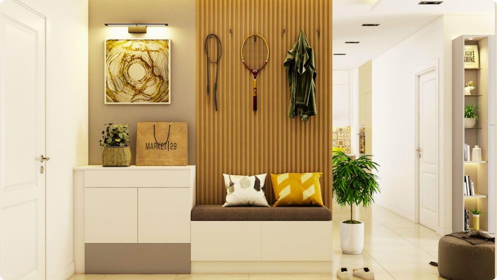 A wood slat accent wall with hooks, artwork, and a built-in bench with storage defines this entryway.