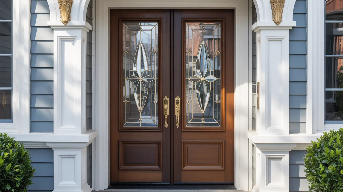 Luxury front door with crystal-style etched glass inserts creating a high-end reflective design.