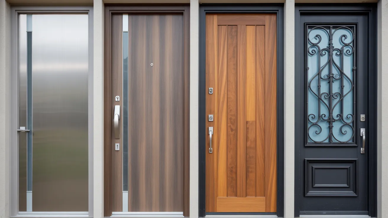Realistic comparison of exterior door materials steel fiberglass wood and wrought iron showing cost variation visually.