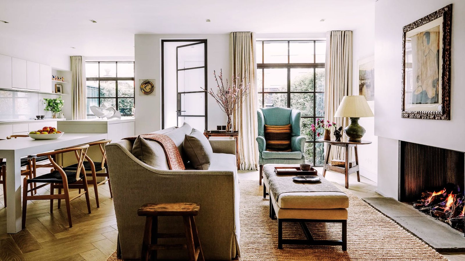 Balanced living room with symmetrical decor and matching furniture pieces.