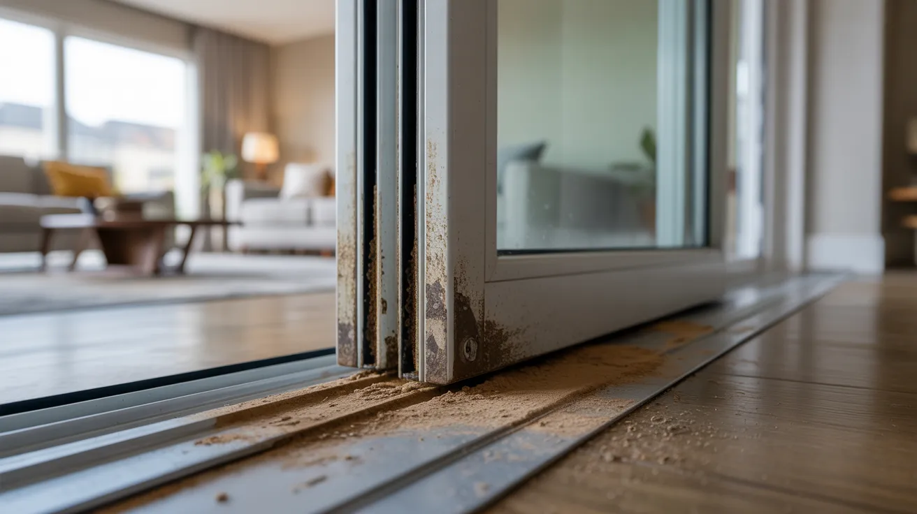 Realistic sliding glass door showing dust buildup, rust, and worn roller causing smooth sliding issues in one clear scene.