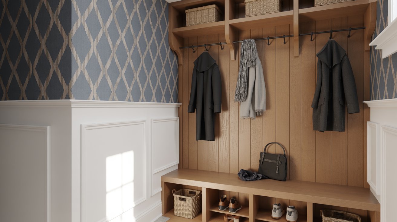 "Mudroom drop zone with bold wallpaper accent wall, natural wood storage, and stylish organized entryway."