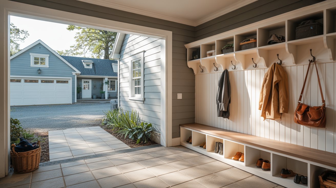 Modern enclosed breezeway mudroom with built-in storage bench, hooks, and waterproof flooring.