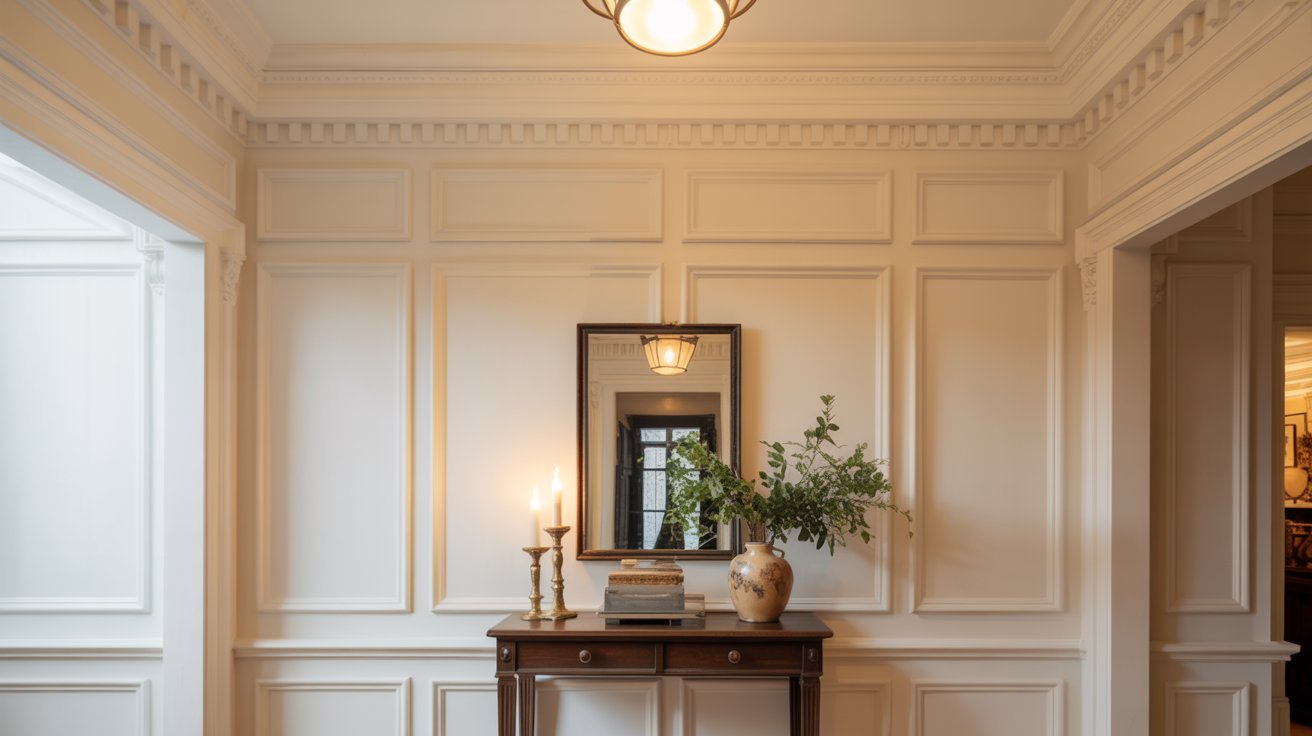 Board and batten entryway with picture rail molding, high ceilings, and elegant details.