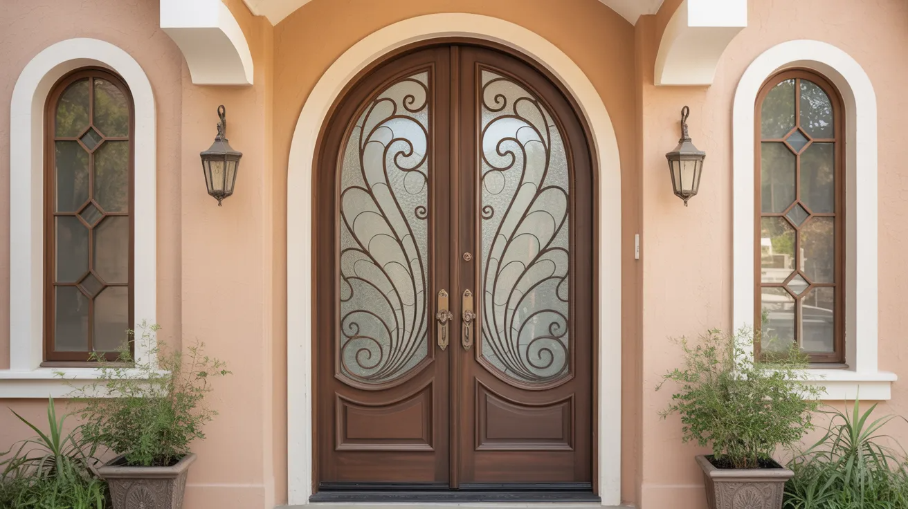 Front door with curved etched glass patterns adding soft movement and elegance to the entryway.
