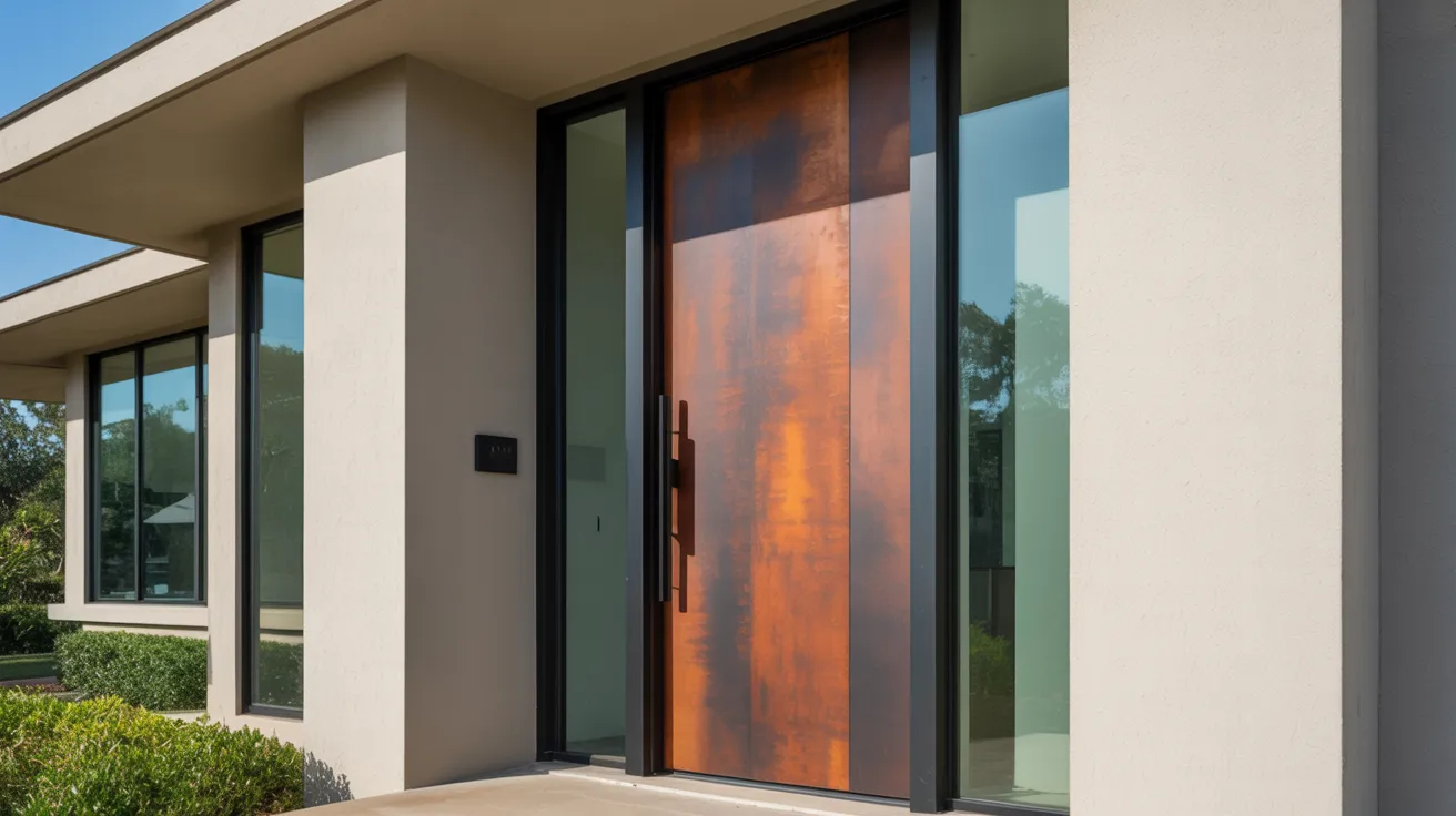 Realistic modern house entrance highlighting front door colors representing mood, style, and curb appeal psychology meaning.