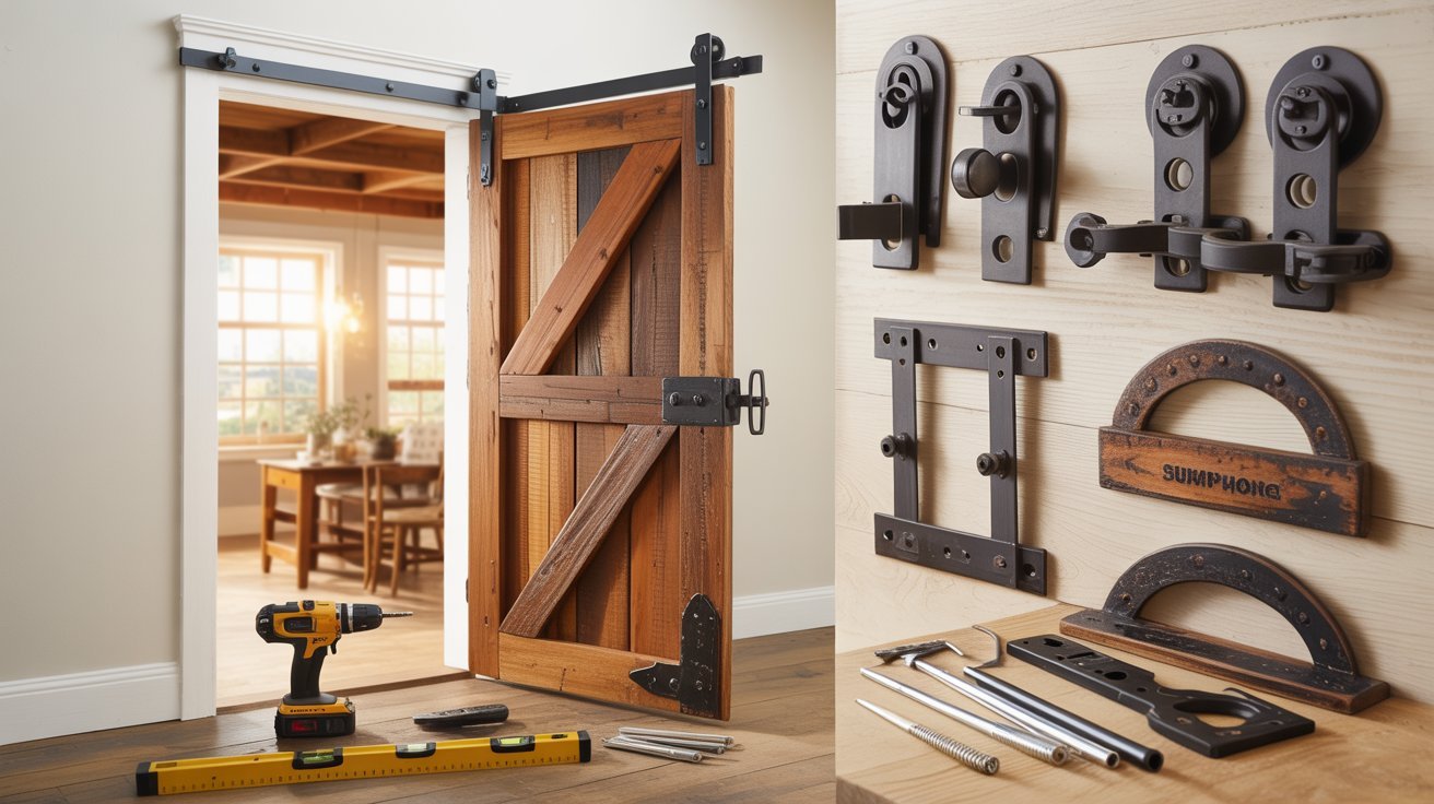 Installing barn door hinges with proper hardware placement for smooth door operation.