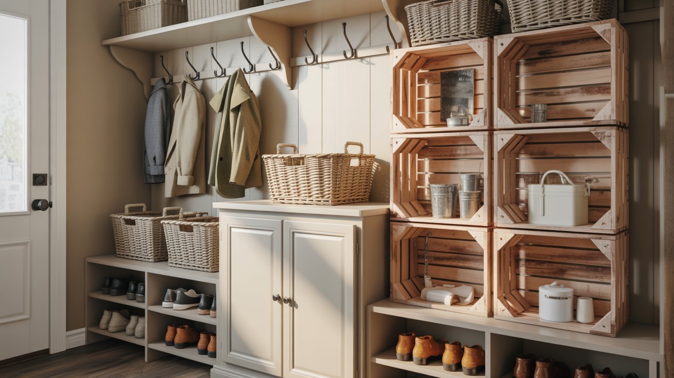 "Budget-friendly DIY mudroom with hooks, labeled baskets, and wooden crate