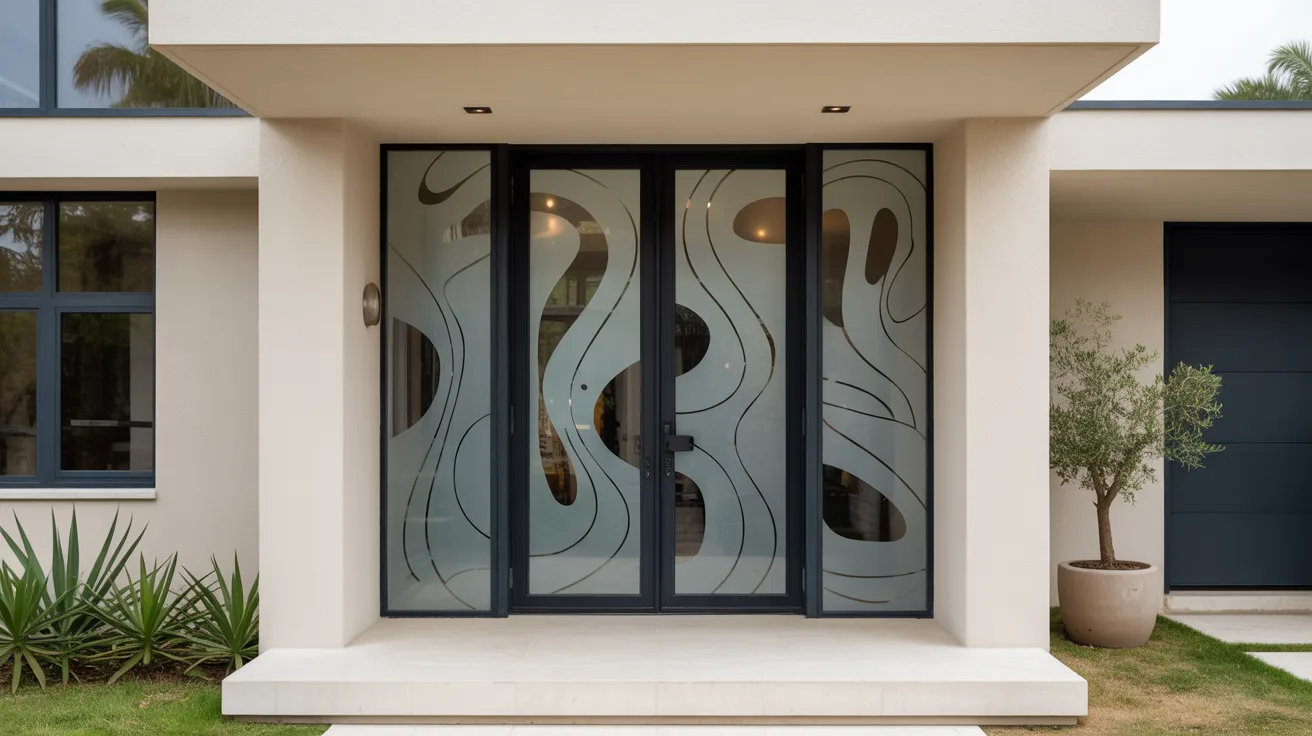 Modern abstract etched glass front door with unique artistic freeform patterns.