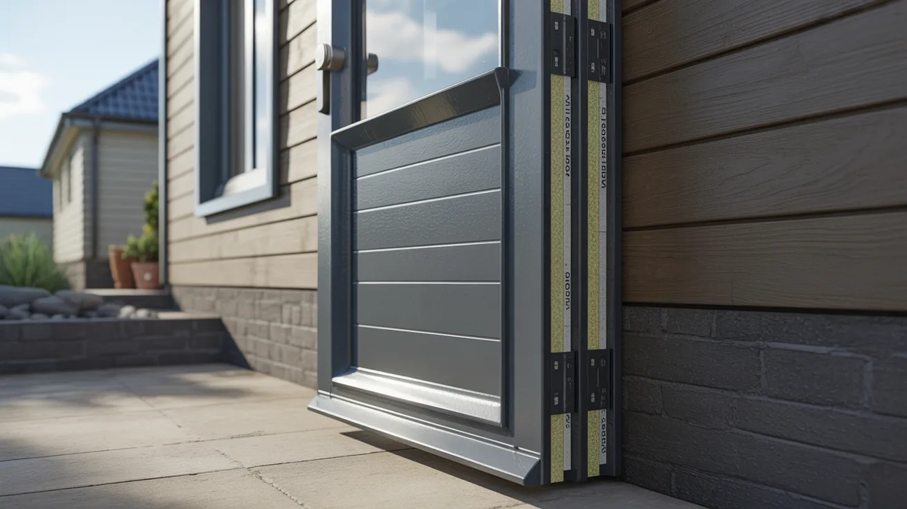 Modern composite door frame with layered durable construction materials.