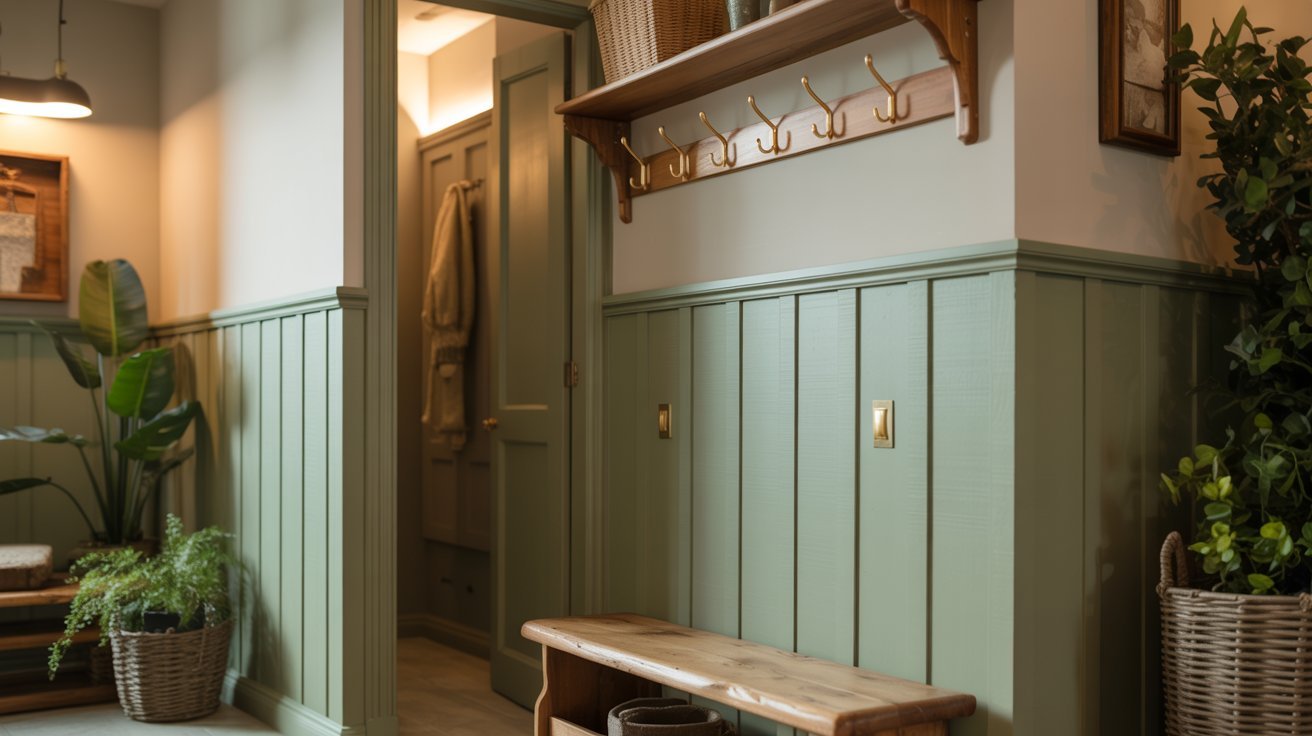 Sage green board and batten entryway with wood accents, brass details, and plants.