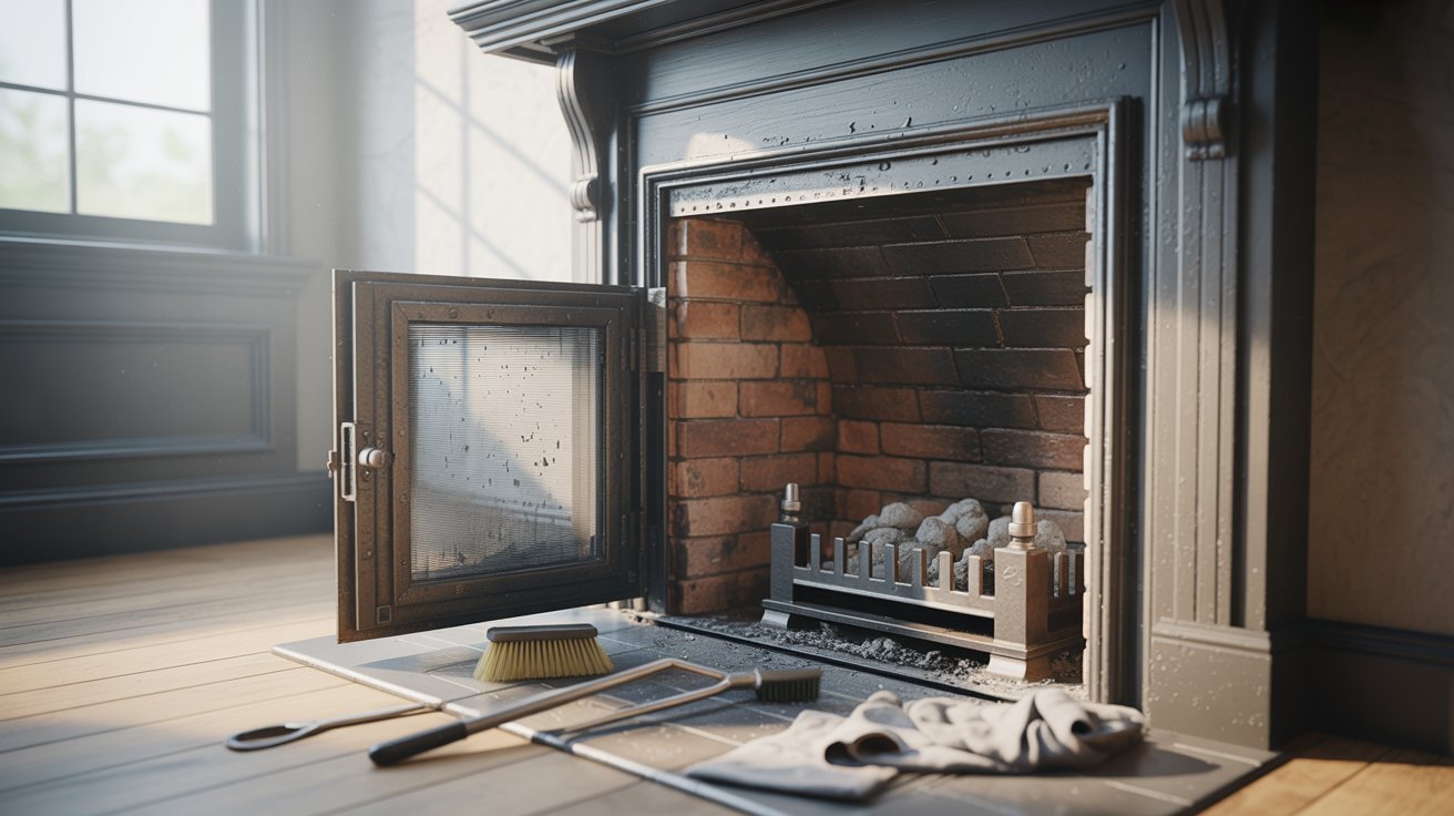 "Fireplace with removed glass doors showing soot buildup and cleaning tools arranged nearby for maintenance and renovation."