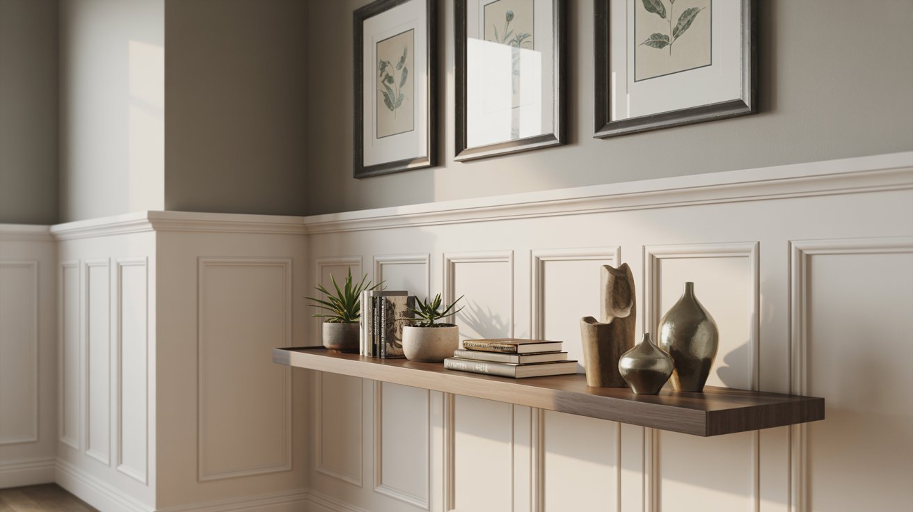 Board and batten entryway with floating shelf displaying plants and decorative accents.
