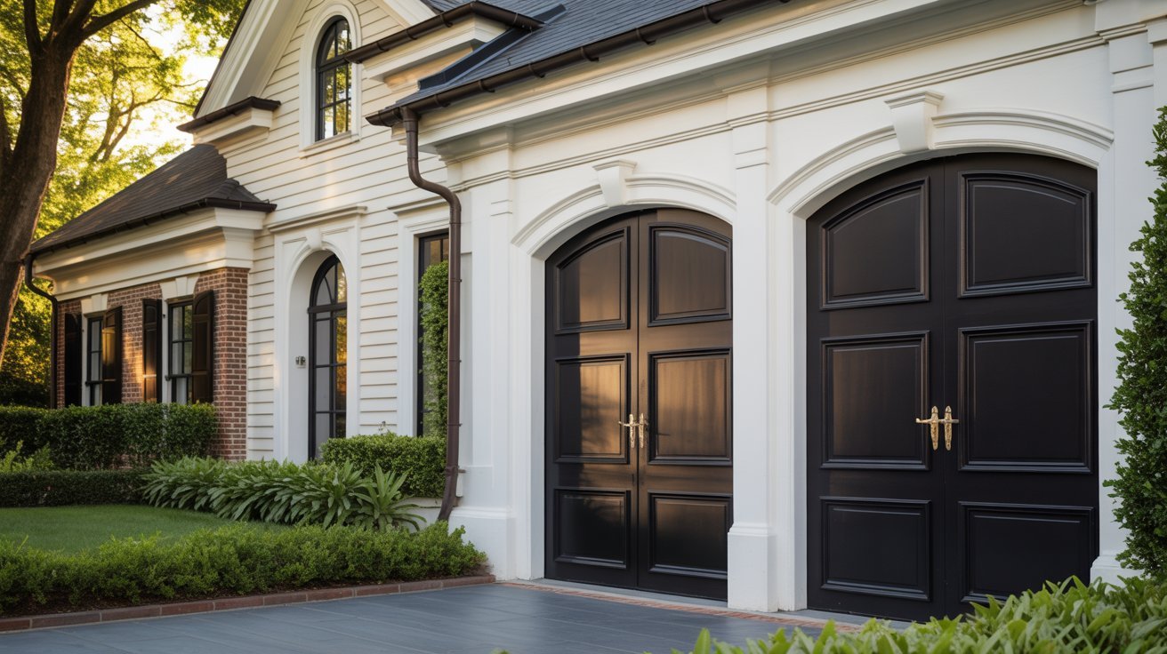 "Traditional white home with elegant arched black garage doors and classic architectural styling."
