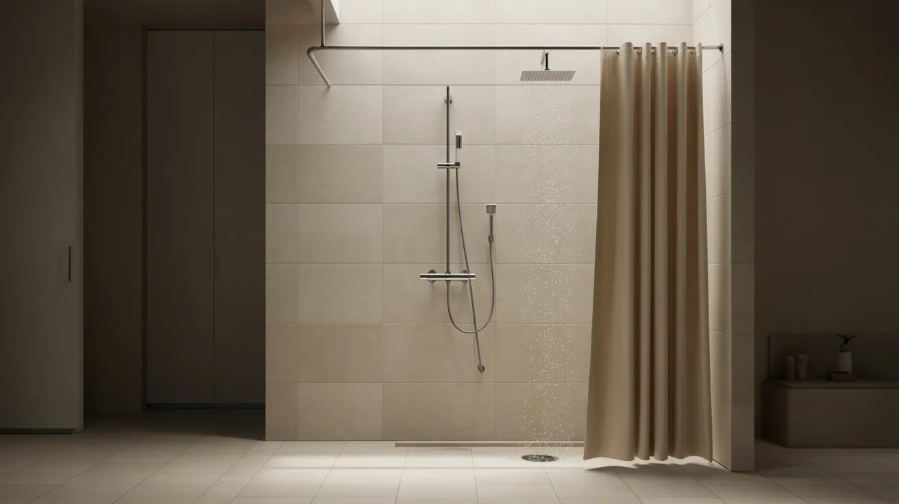 Realistic walk-in shower curtain showing effective daily use with controlled water and clean bathroom performance.