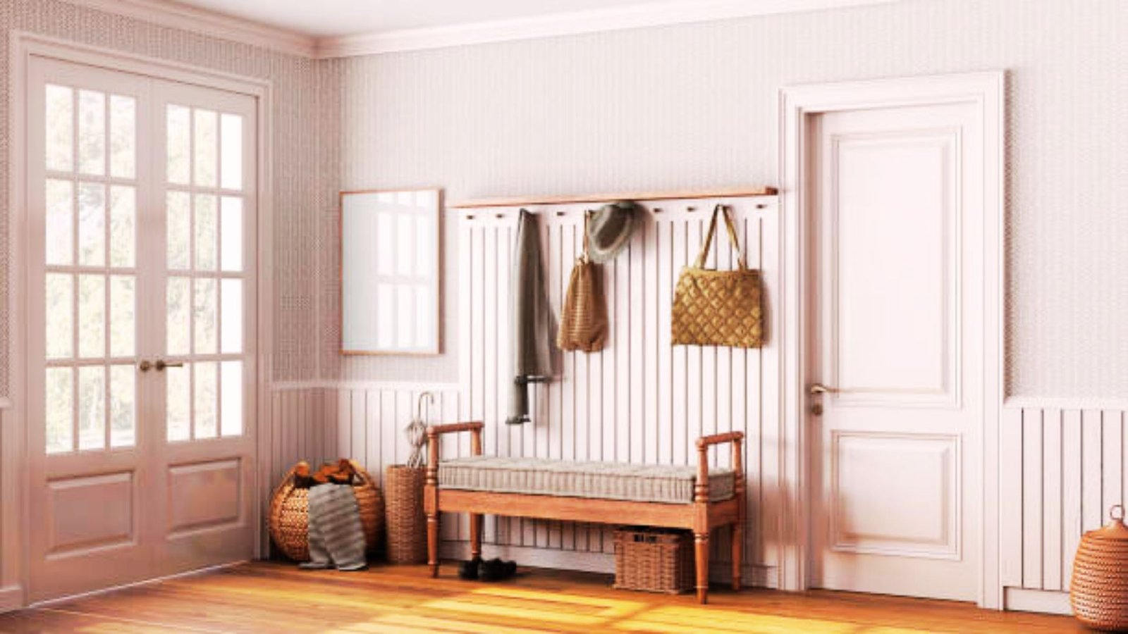 Rustic wood and white farmhouse entryway with cozy decor.