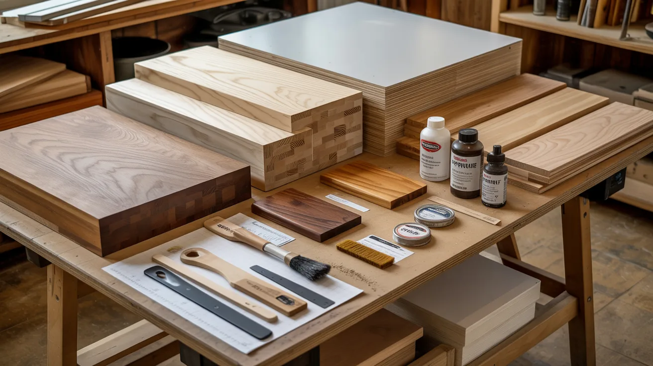 Different wood materials and finishes commonly used for building durable mudroom benches.