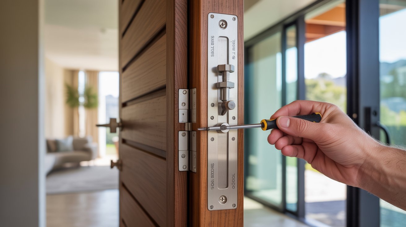 "Homeowner adjusting hydraulic door closer screws while testing smooth self-closing door movement in a modern entryway interior scene"