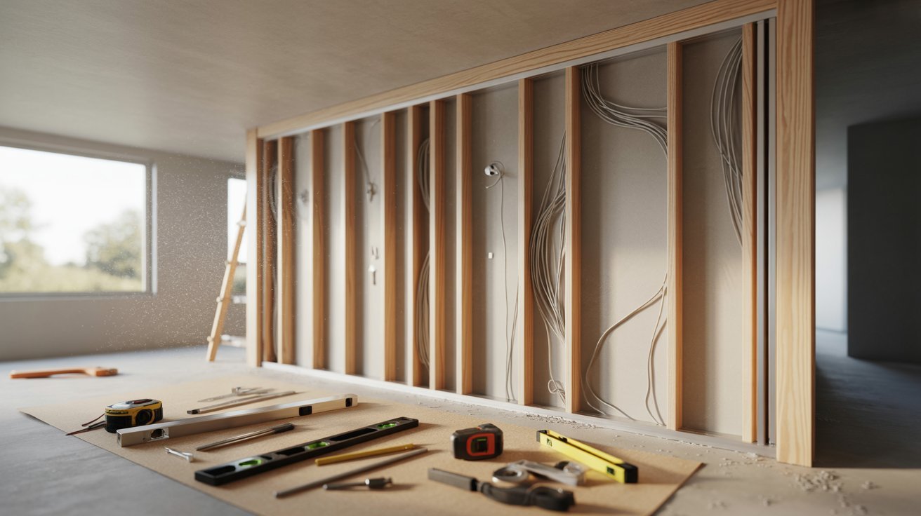 "Interior renovation scene of an existing wall with exposed studs and wiring, showing a partially installed pocket door frame and construction tools in a modern home"