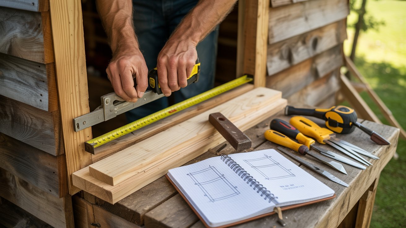 Measuring shed doorway with tape measure, planning dimensions, tools, and woodworking materials ready.