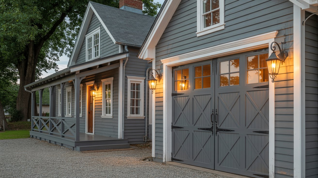 Grey farmhouse exterior with black carriage style garage doors.