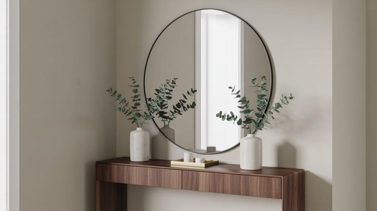 Entryway table paired with a properly sized mirror.