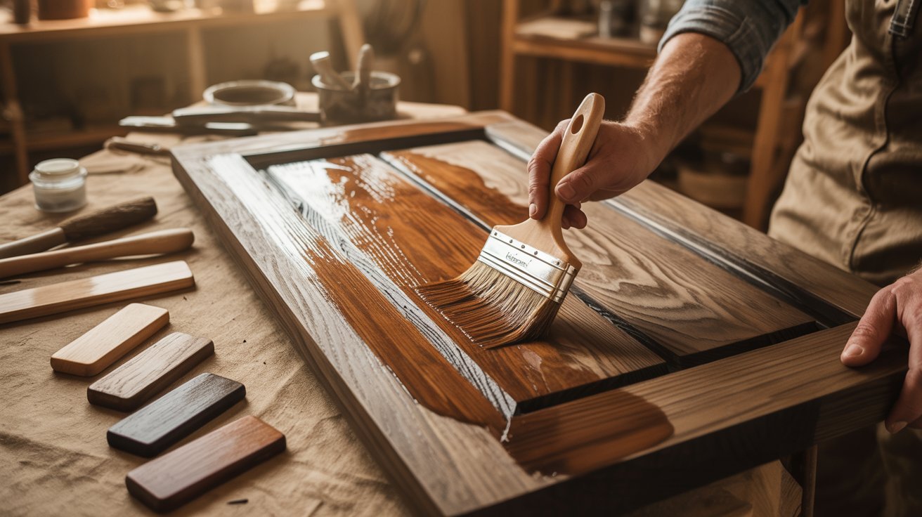 Applying wood stain and protective finish to completed barn door surface.
