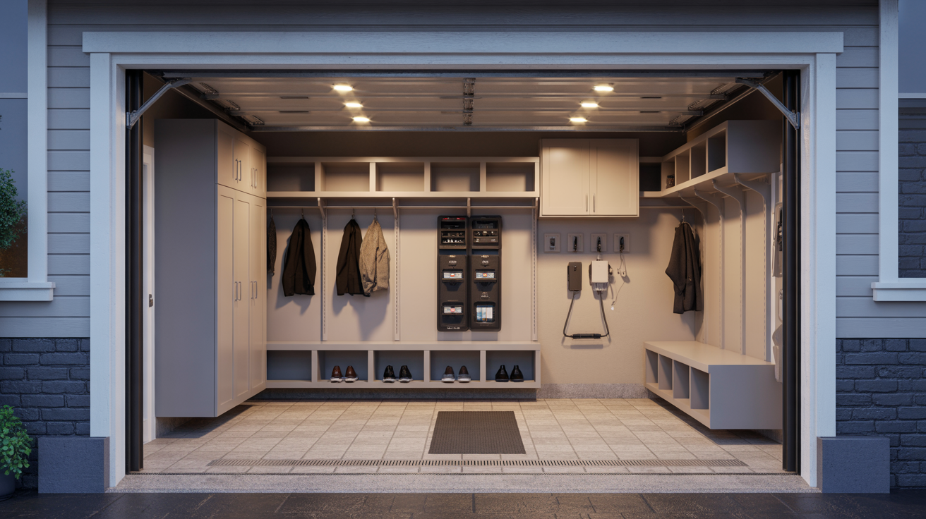 Garage mudroom with improved lighting and electrical outlets