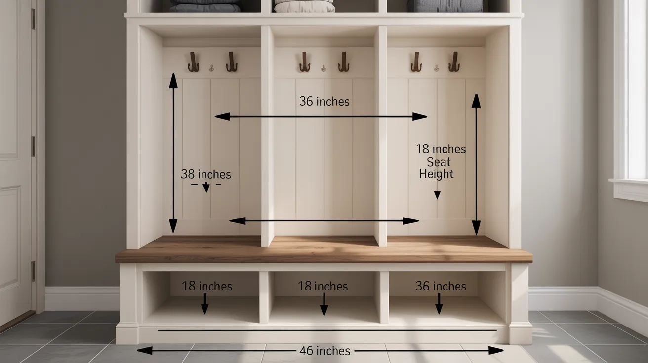 Mudroom bench dimensions chart showing standard seat height, depth, length, and backrest measurements.
