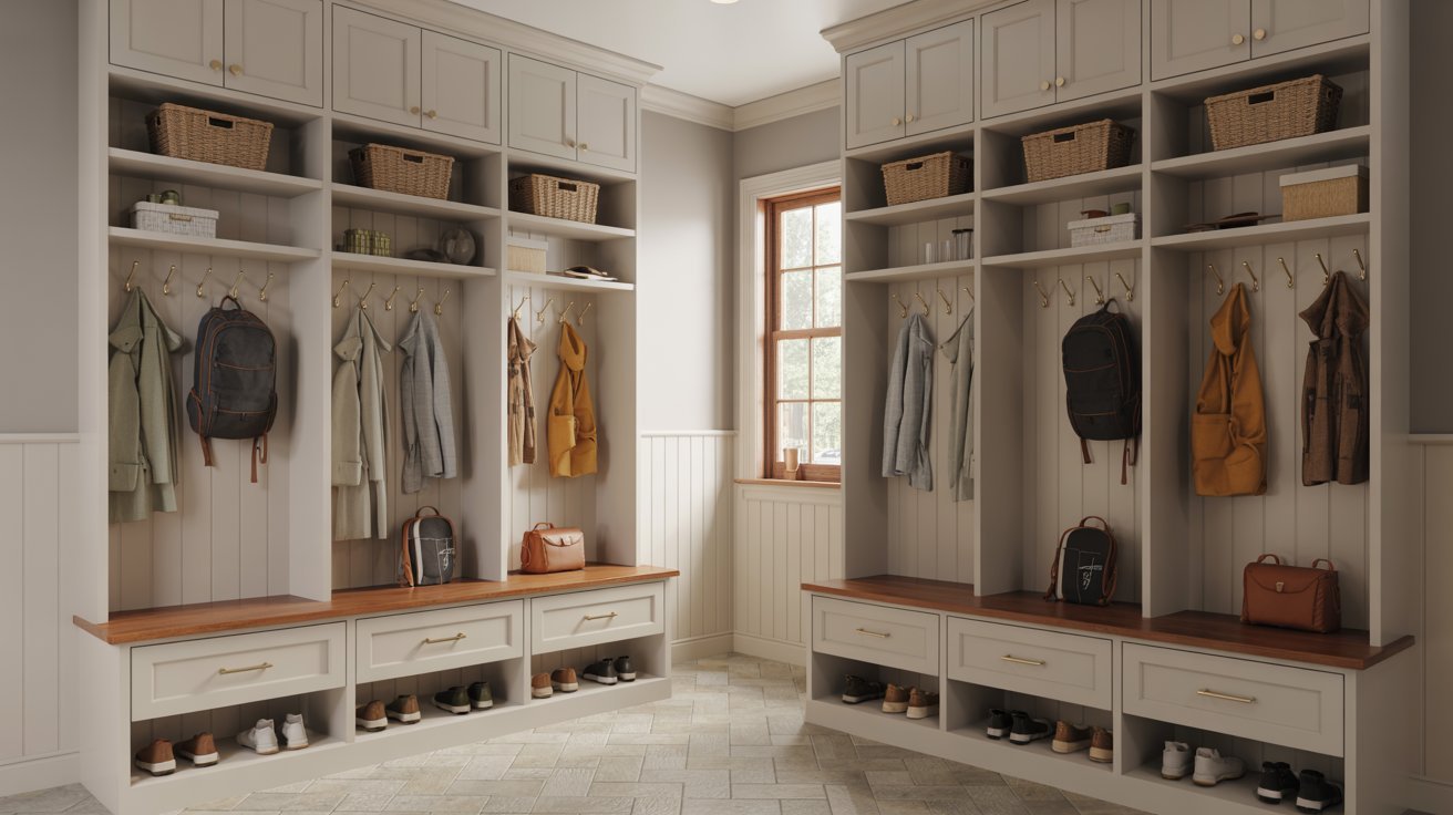 "Large family mudroom with built-in lockers, organized personal storage, and