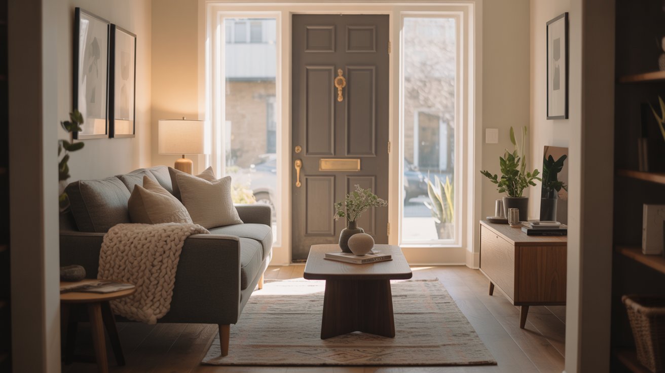 Sofa positioned to face the front door in a small living room.