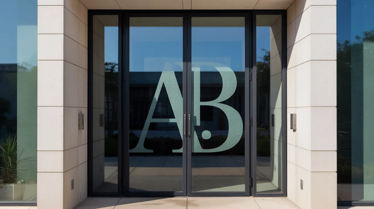 Custom etched glass entry door with initials or logo creating a personalized branded entrance.