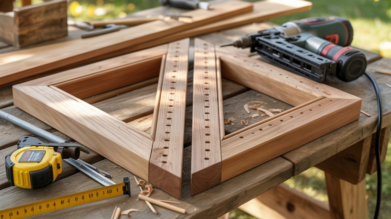 Installing trim boards on shed doors for a clean finished appearance.