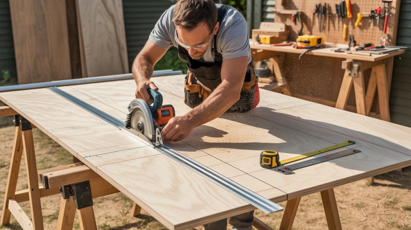 Builder cutting shed door panels with circular saw, measuring tools, and plywood sheets.