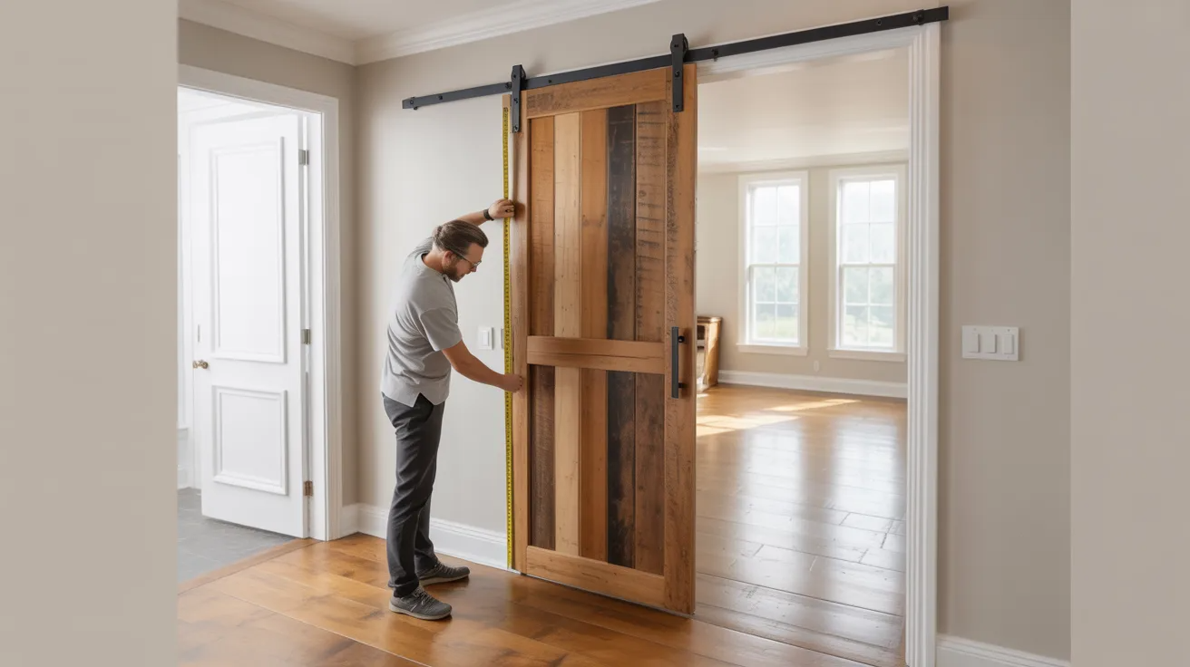 Homeowner measuring a wooden sliding barn door in a modern farmhouse interior