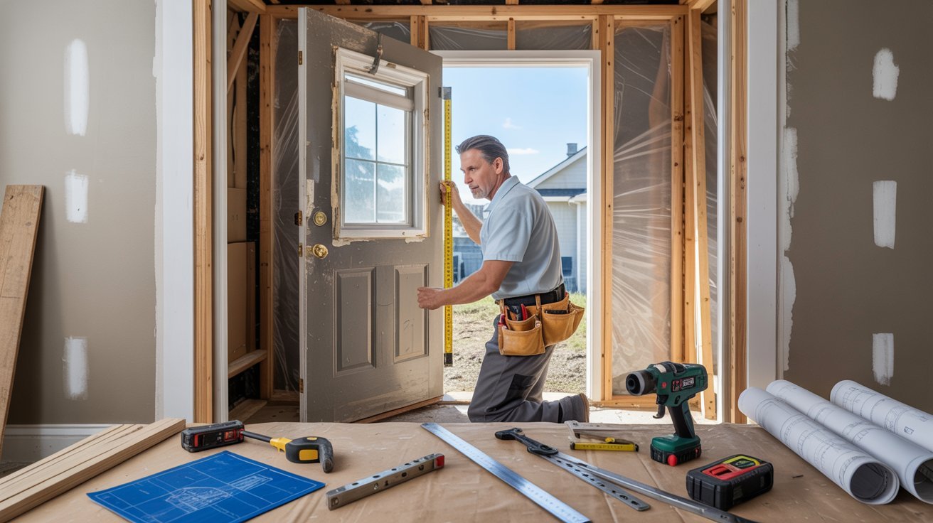 Professional contractor evaluating damaged door frame, exterior installation, and complex remodeling project.