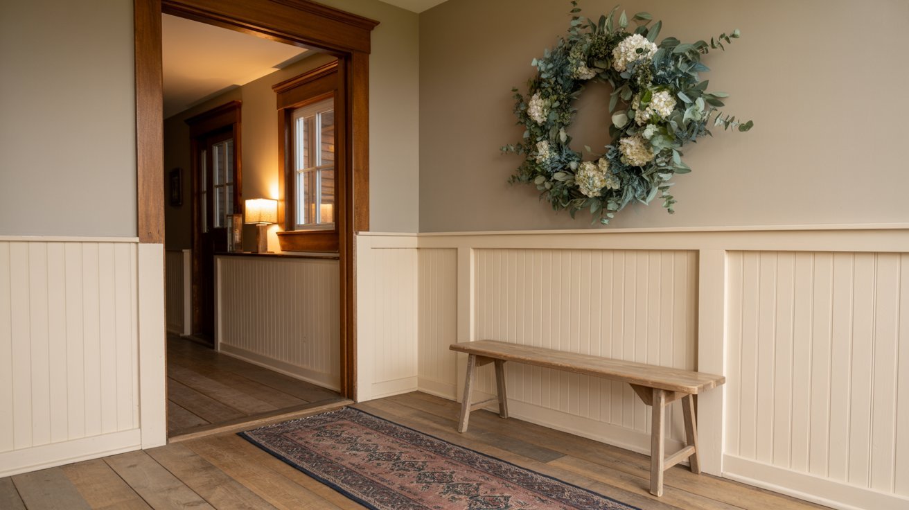 Cozy cottage style farmhouse board and batten entryway.