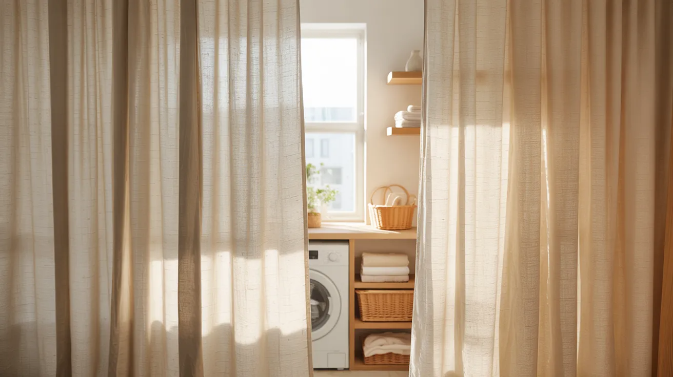 Laundry closet hidden behind soft linen curtains.