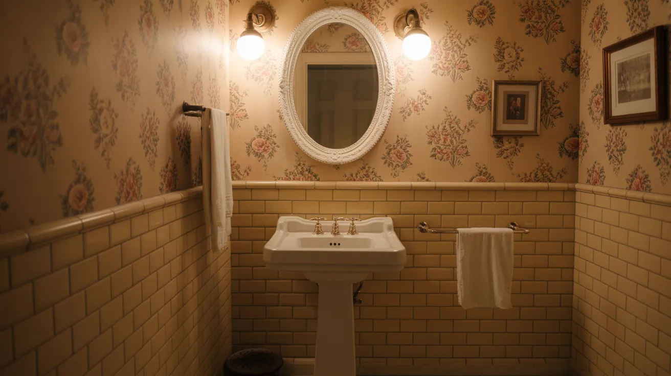 Vintage hallway bathroom with pedestal sink, floral wallpaper, and antique fixtures.