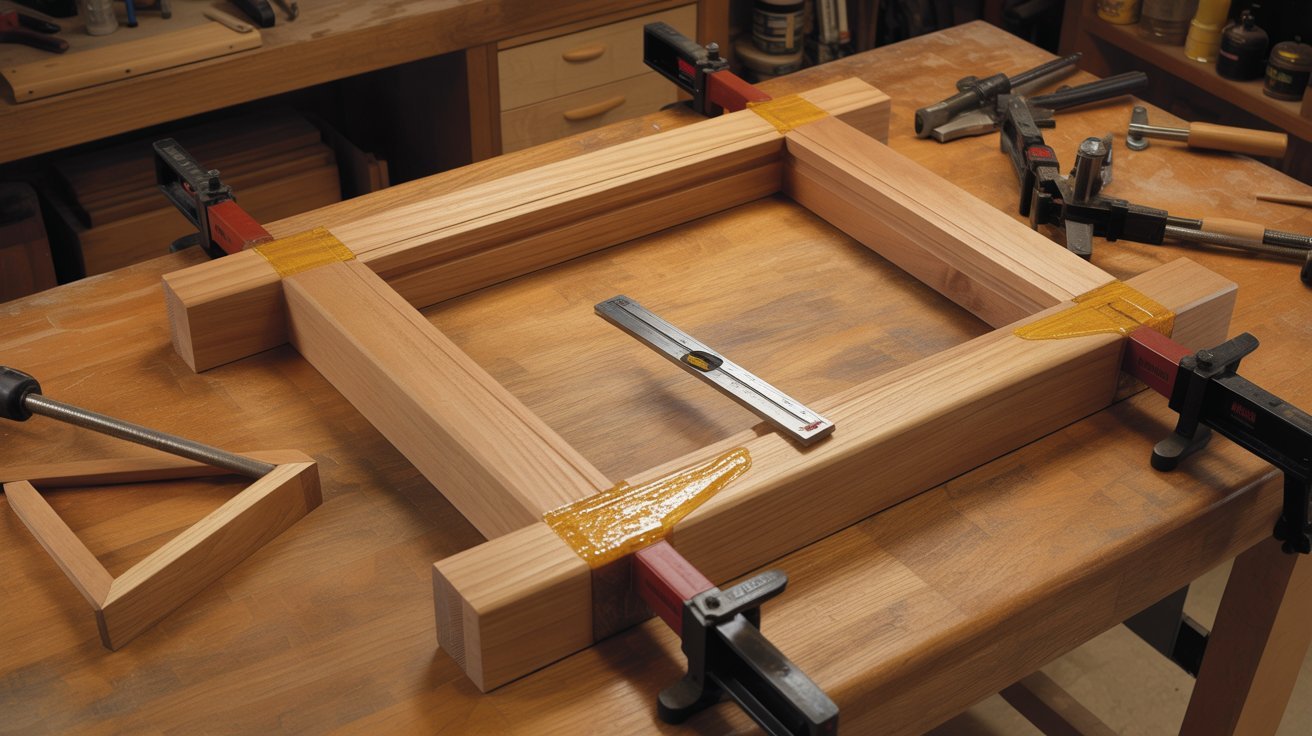 Assembling barn door frame using wood glue, clamps, and carpenter square.