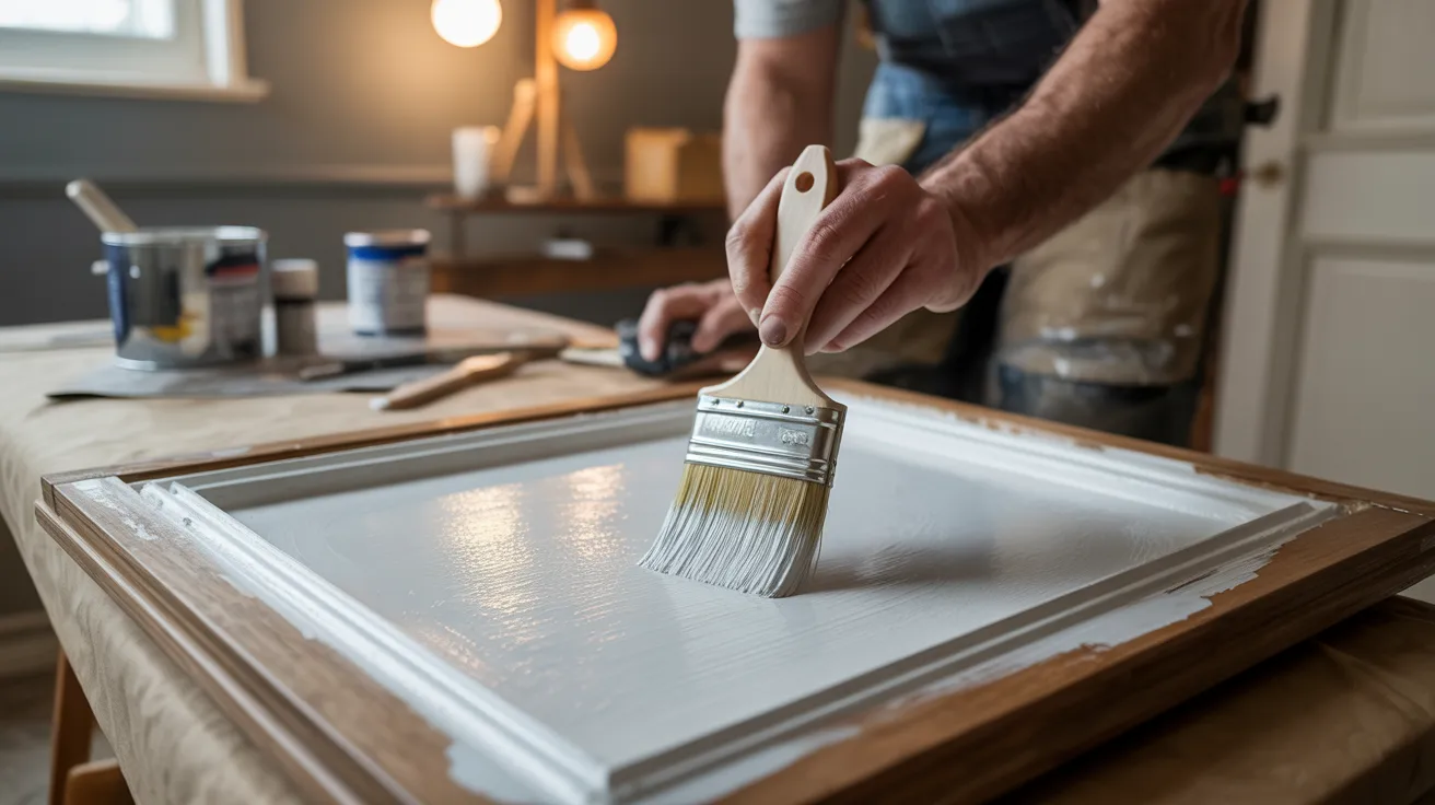 Person applying white primer over a repaired wood filler patch on a door frame