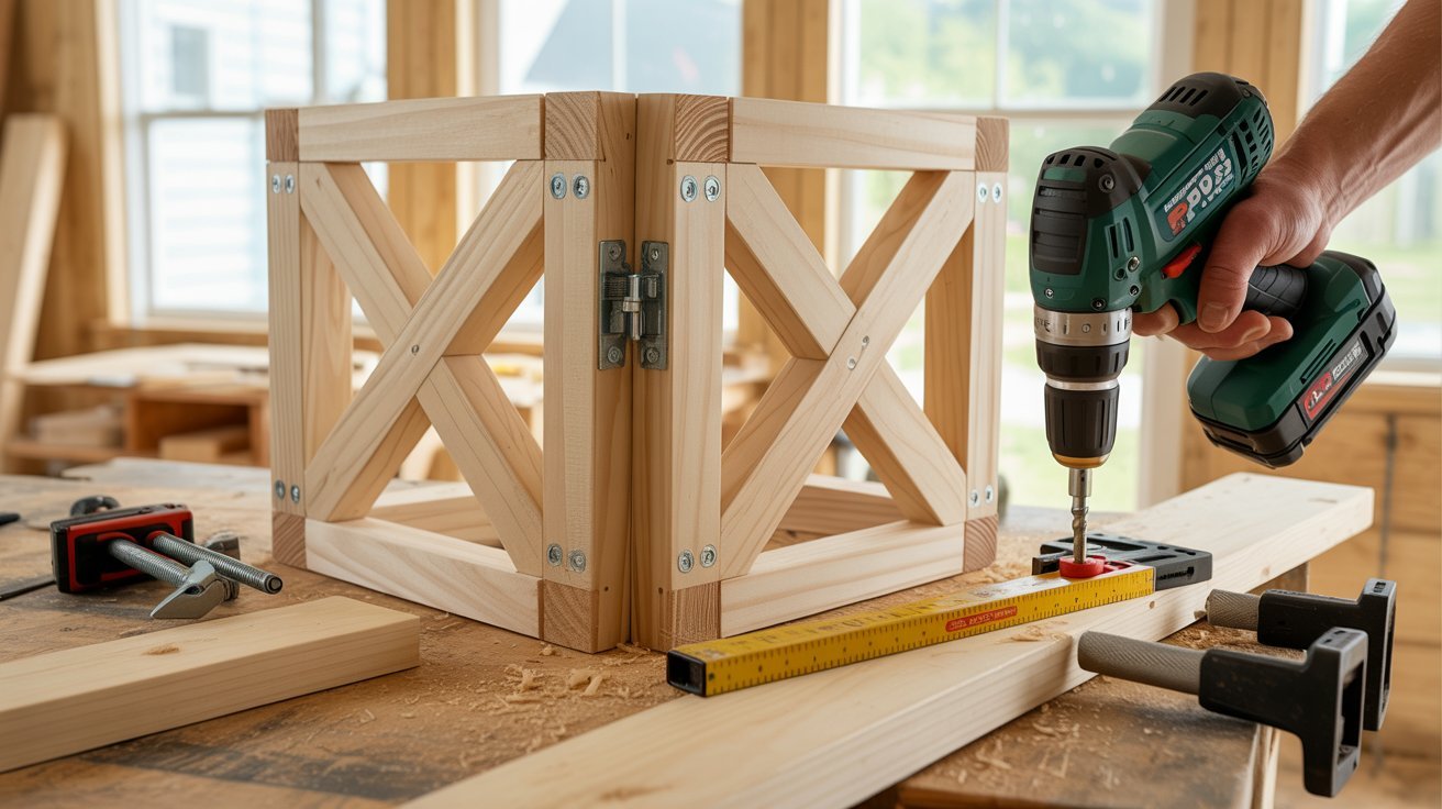 Wooden shed door frame assembly with braces, drill, clamps, and framing lumber.