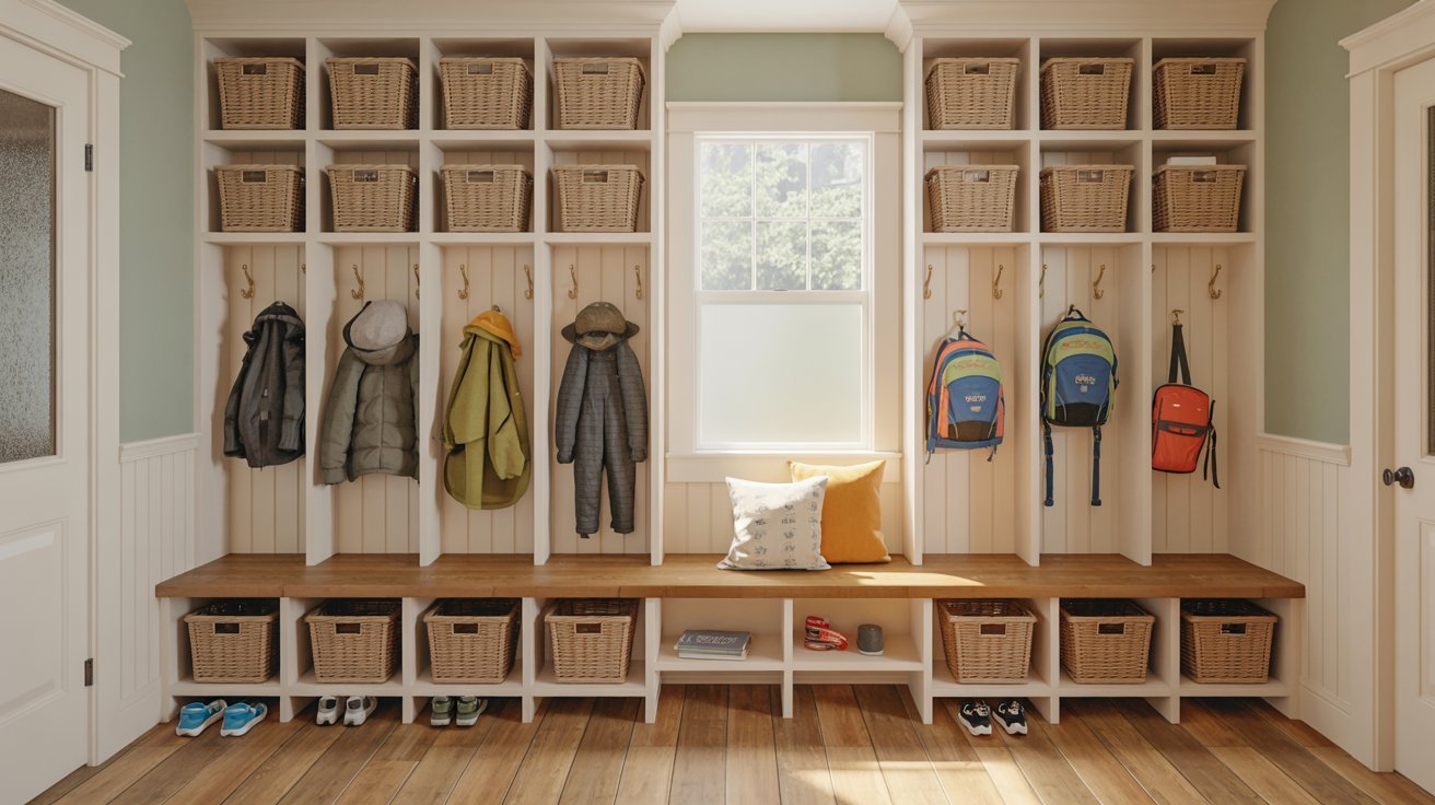 "Organized mudroom cubbies with labeled family storage, baskets, coats, and backpacks in a functional entryway."