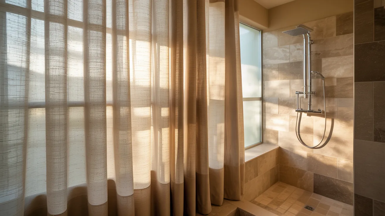 Realistic walk-in shower curtain creating soft, warm, and relaxing bathroom atmosphere with modern design feel.