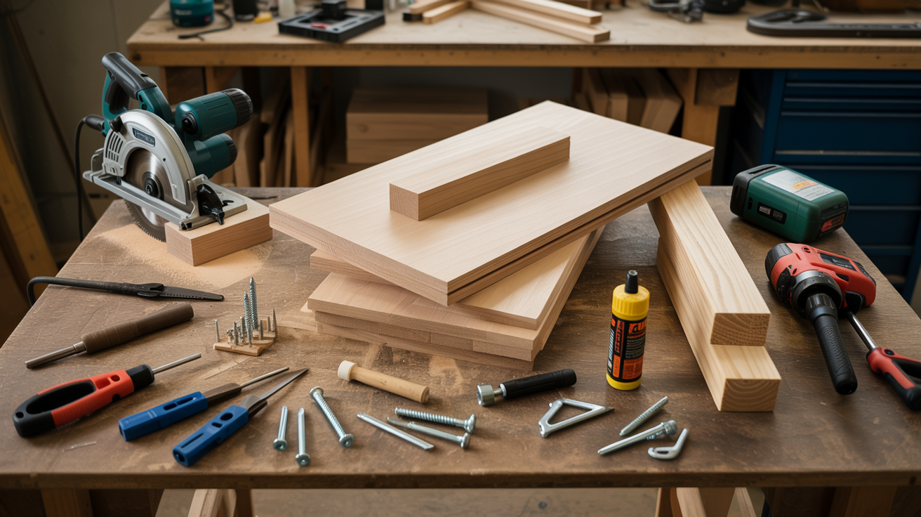 Tools and materials needed to build a DIY mudroom bench