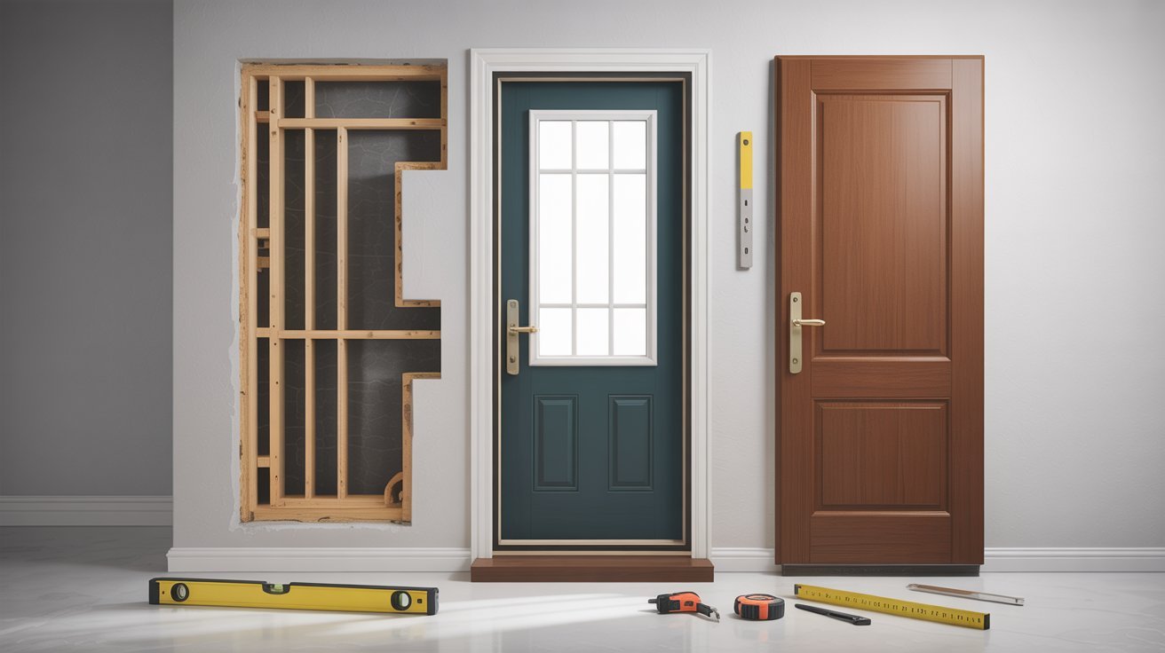 Door replacement basics showing prehung door, slab door, frame components, and wall structure.