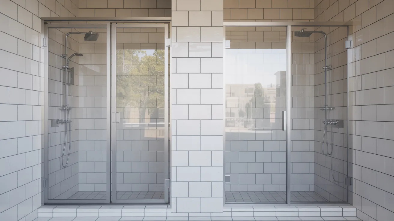Framed shower door with metal frame and frameless glass shower door showing structural design difference in modern bathroom.