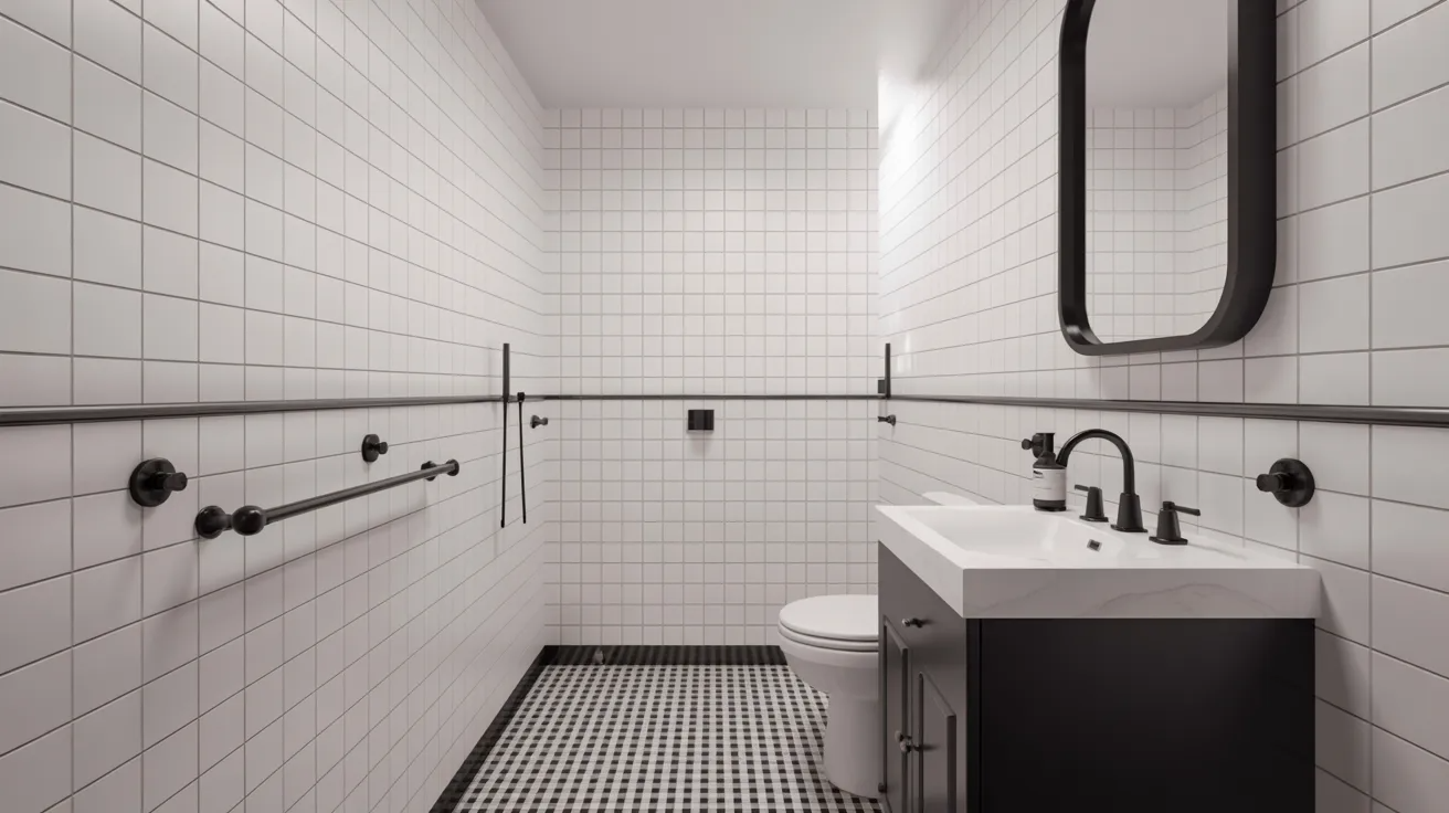 Black and white hallway bathroom with bold contrast tiles and matte fixtures.
