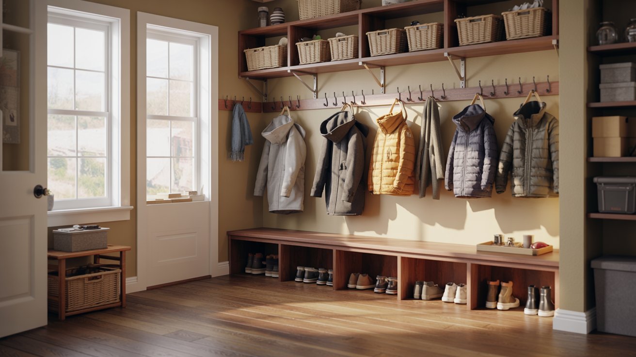 "Functional mudroom drop zone with organized storage for shoes, coats, bags, and keys in a modern entryway."