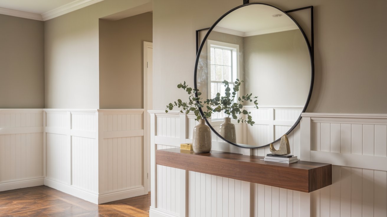 Board and batten entryway enhanced by a large statement mirror and natural light.